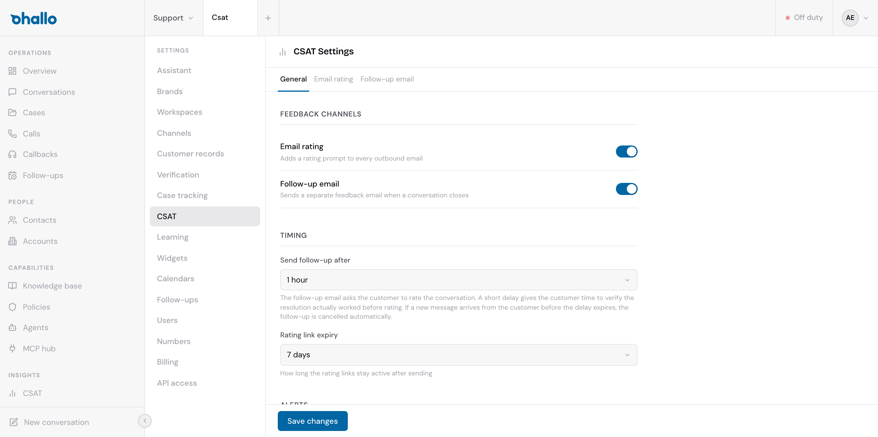 The CSAT Settings page showing the General tab with feedback channel toggles and timing options